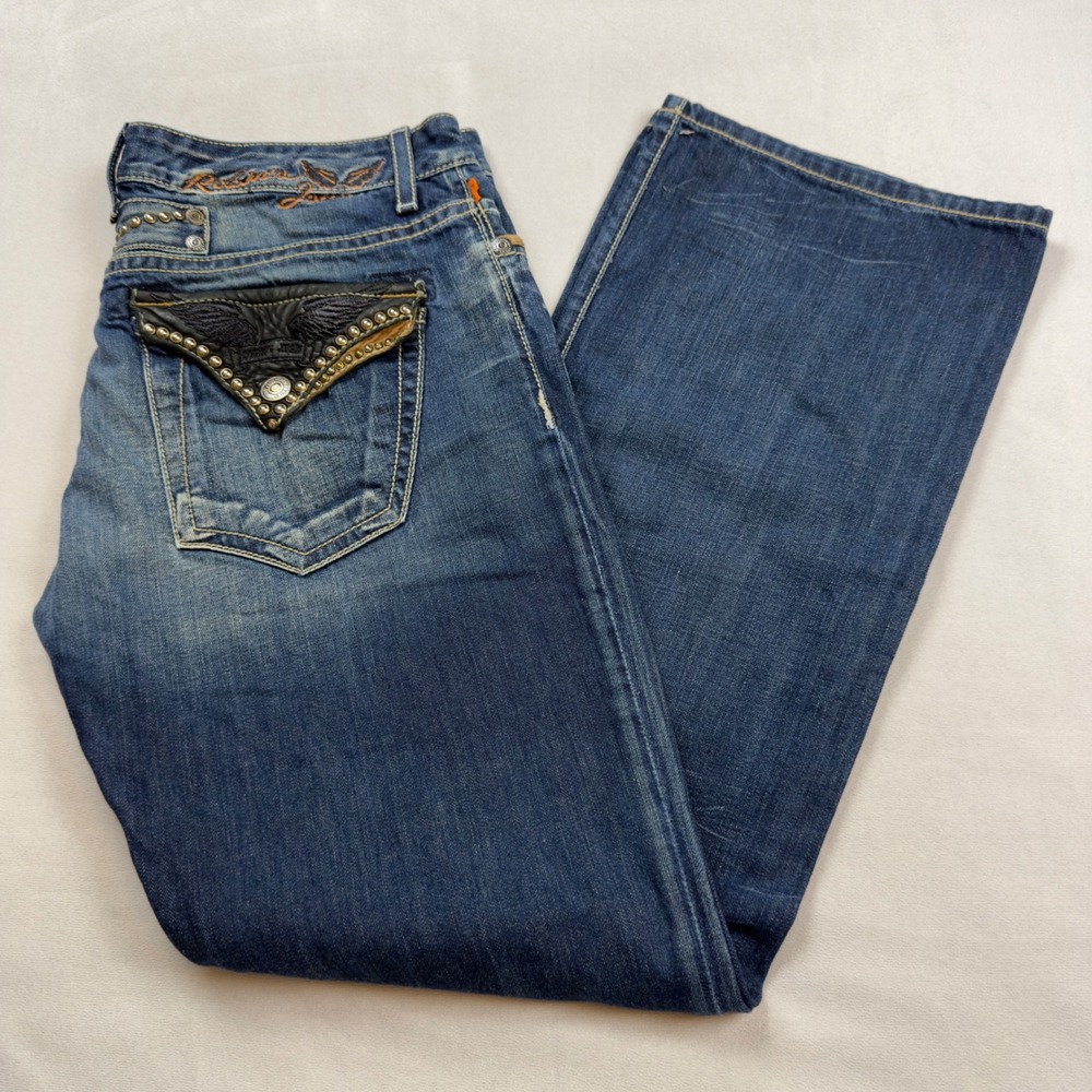 Robins Jean Easy Ryder Mens 38 Studded Leather Wing Pocket Denim Jeans D5203